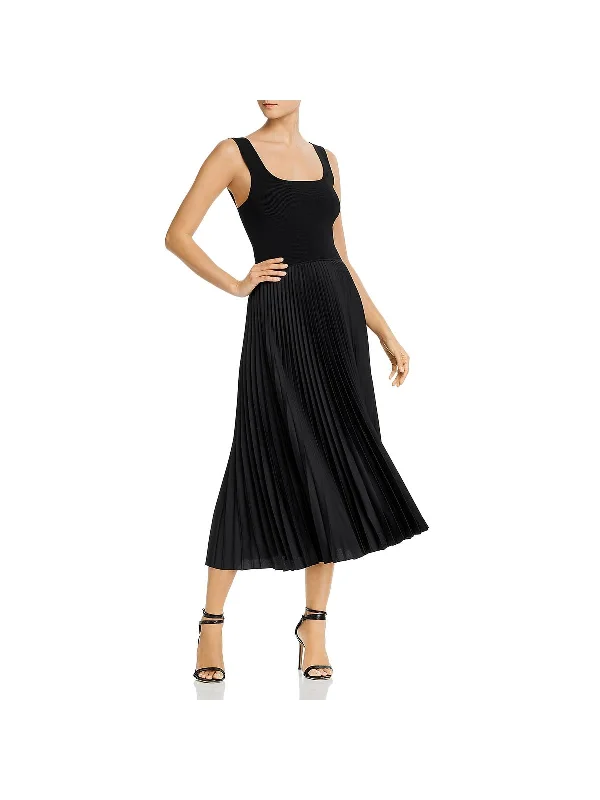 Womens Square Neck Pleated Maxi Dress Casual Maxi Skirt