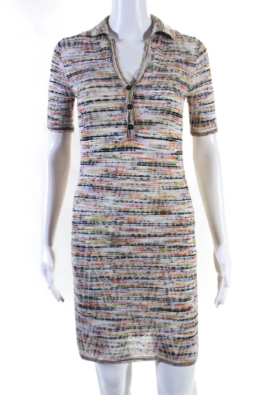 35) Missoni Womens Collared V Neck Short Sleeve Knitted Midi Dress Multi Classic A-line Skirt