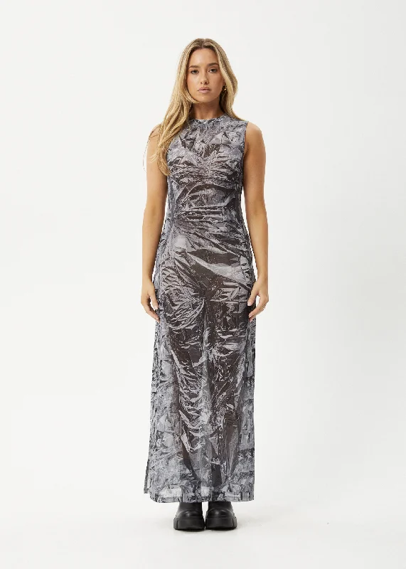 AFENDS Womens Silver Lining - Sheer Dress - Chrome Long unclassified dresses