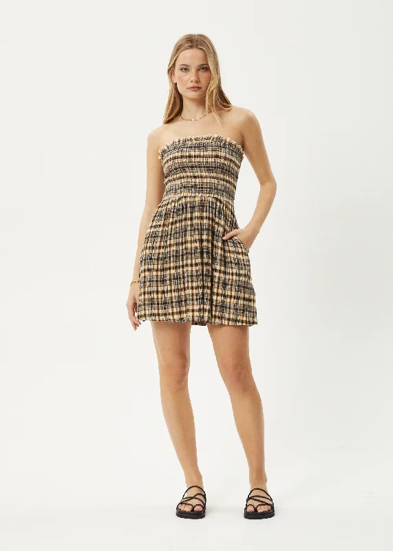 AFENDS Womens Check Out - Seersucker Strapless Dress - Moonbeam Check Smocked unclassified dresses