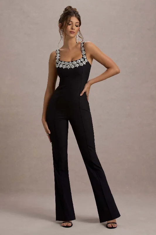 Amadi | Black Embellished Strappy Flared-Leg Jumpsuit Dark color unclassified dresses