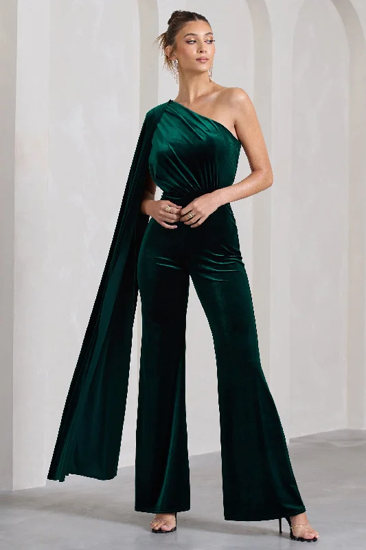 Aurora | Bottle Green Velvet One Shoulder Cape Sleeve Jumpsuit Trendy new unclassified dresses