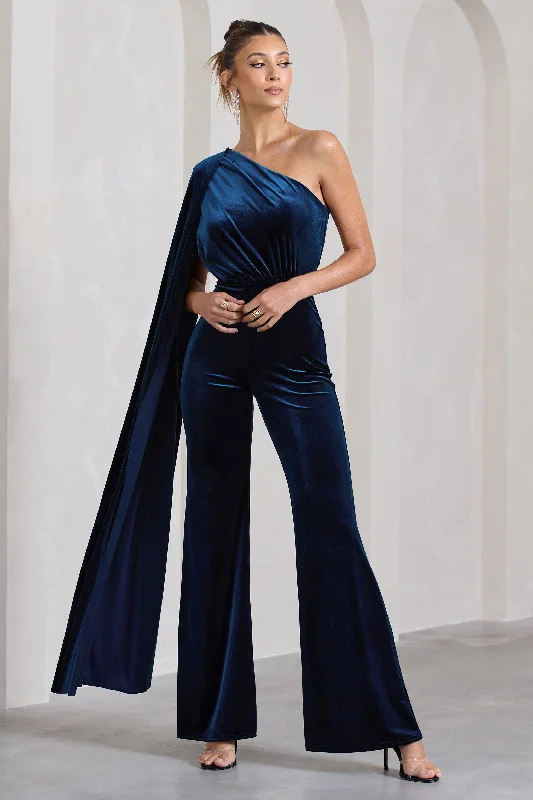 Aurora | Navy Velvet One Shoulder Cape Sleeve Jumpsuit Women's unclassified dresses