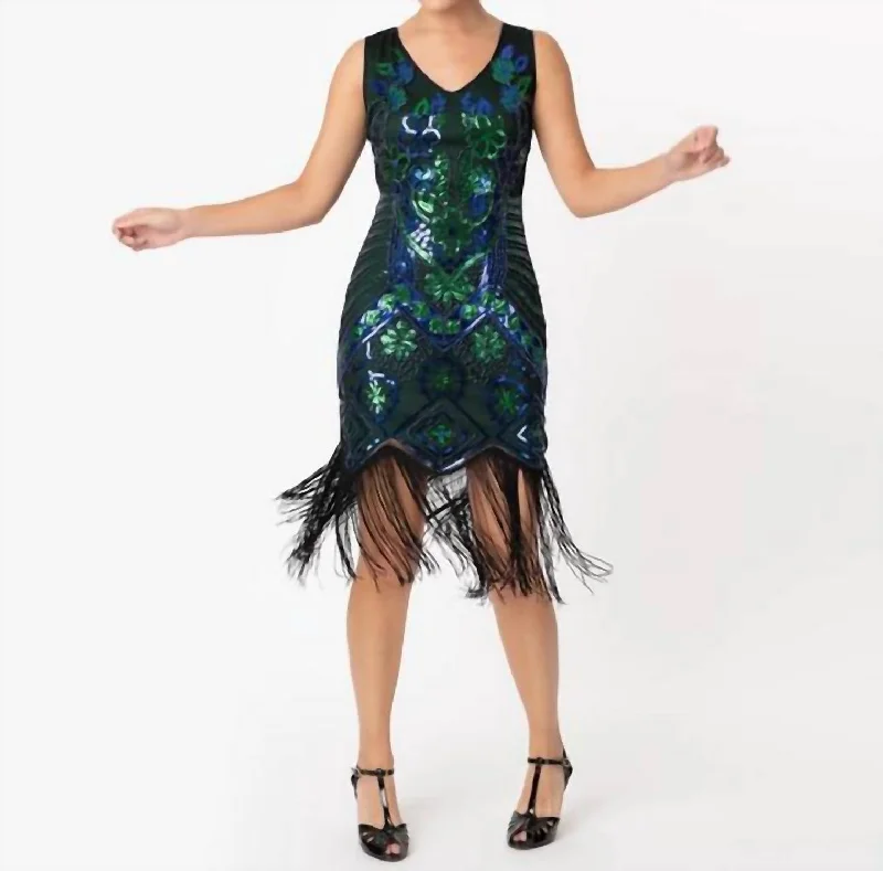 Beaded Fringe Flapper Dress In Emerald/royal Winter unclassified dresses