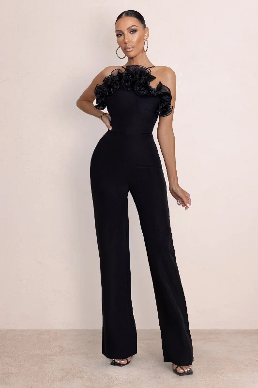 Shoot Your Shot | Black Organza Trim Wide Leg Jumpsuit Fall unclassified dresses