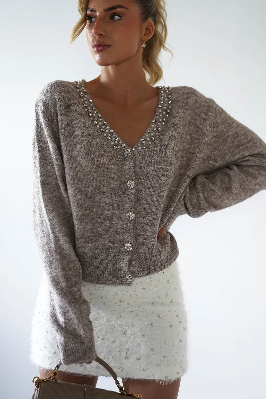 Cali Knitted Embellished Cardigan | Taupe Minimalist unclassified dresses