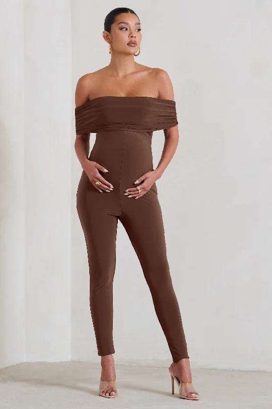 Carefully Crafted | Chocolate Maternity Bardot Fitted Jumpsuit Short unclassified dresses