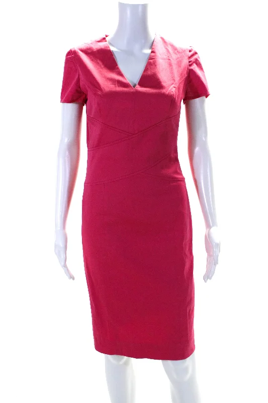 Carolina Herrera Womens Short Sleeve V Neck Sateen Midi Sheath Dress Pink Lace-up Midi Skirt