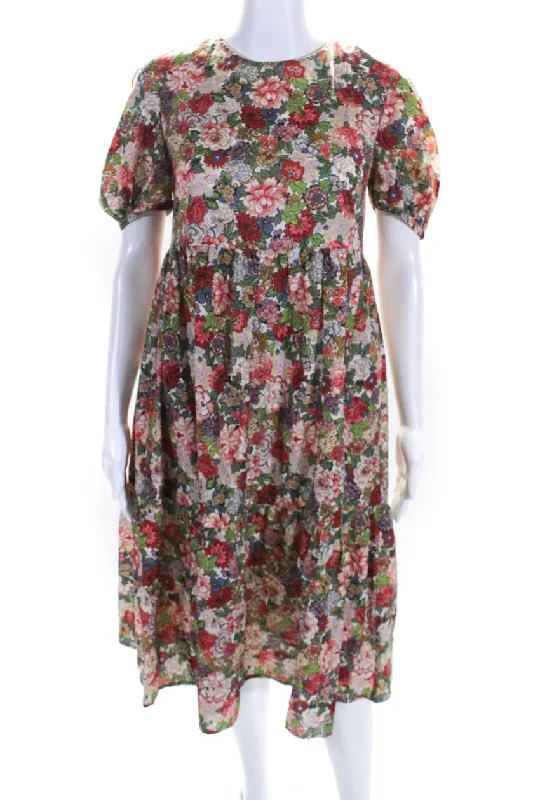 Casey Marks Women's Round Neck Short Sleeves Tiered Floral Midi Dress Pleated Floral Midi