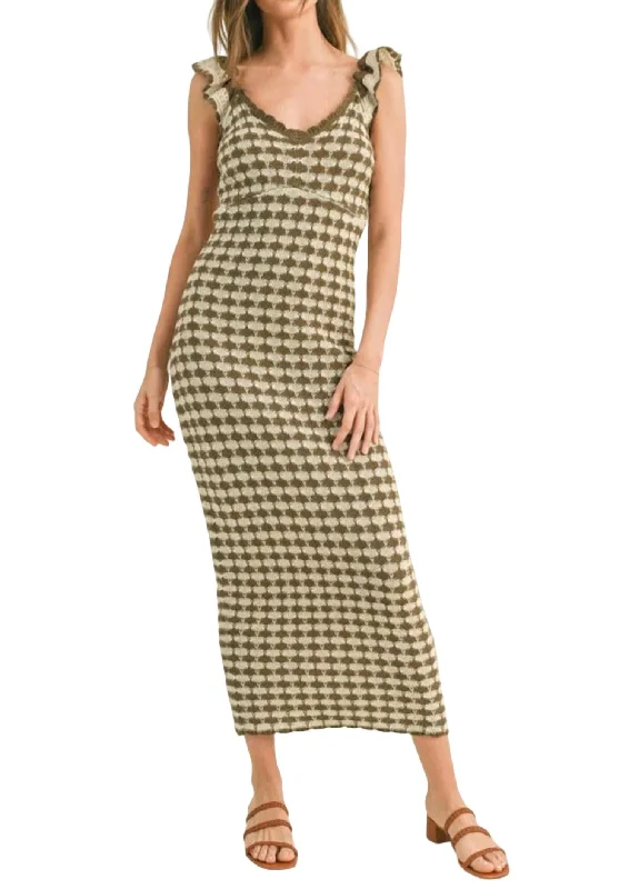 Checkered Crochet Knitted Ruffle Sleeve Dress In Brown/stone Bodycon unclassified dresses