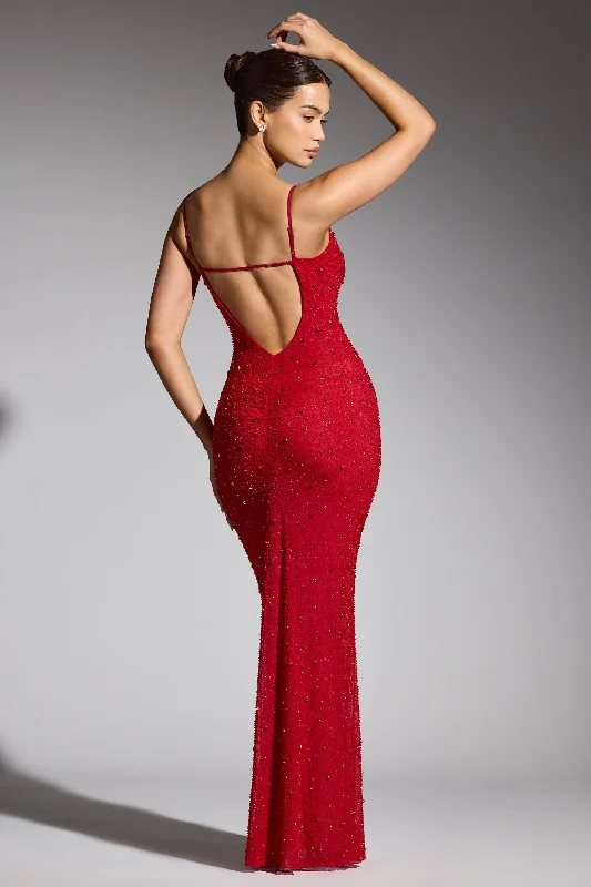 Embellished Plunge Neck Evening Gown in Red Elegant evening unclassified dresses