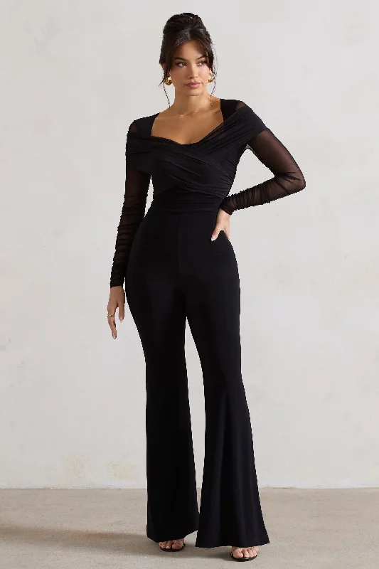 Crossed Lines | Black Ruched Mesh Flared-Leg Jumpsuit Discounted unclassified dresses