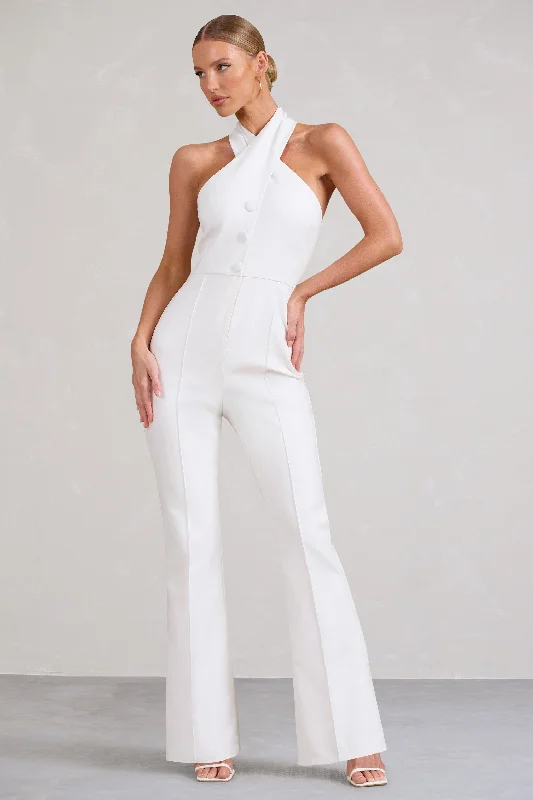 Don't Cross Me | White Halter Neck Tailored Buttoned Sleeveless Jumpsuit Anniversary unclassified dresses