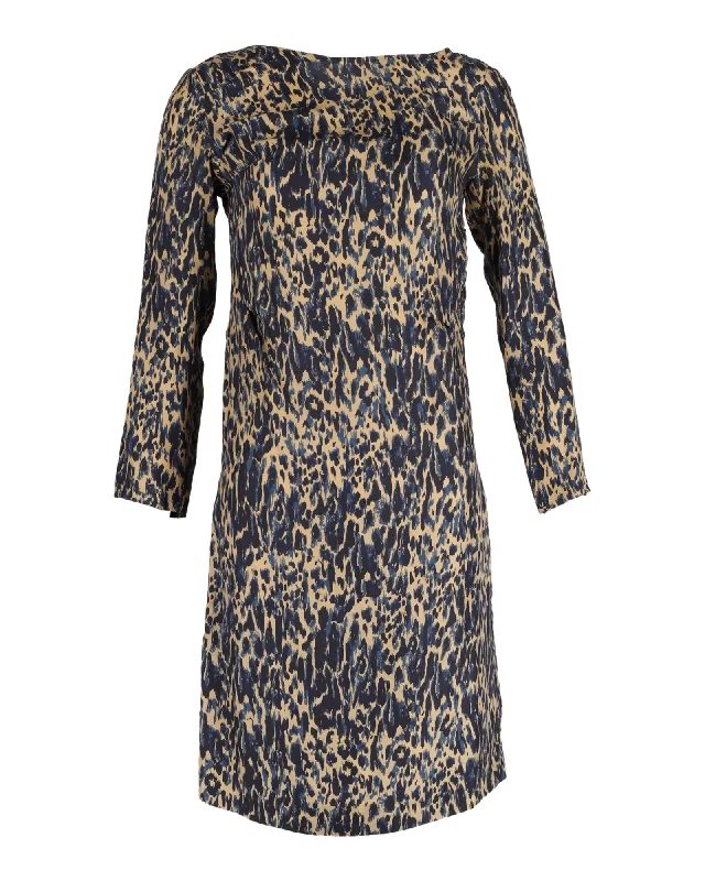 Dries Van Noten Animal Print Shift Dress in Navy Blue Silk Anniversary unclassified dresses