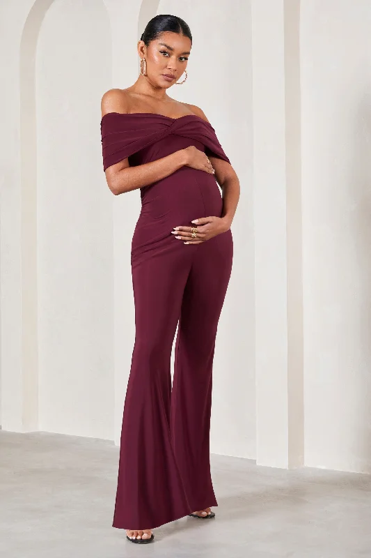 Elisa | Burgundy Bardot Flared-Leg Maternity Jumpsuit Casual unclassified dresses