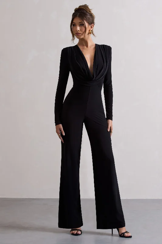 Elisha | Black Plunge-Neck Wide-Leg Jumpsuit Comfortable unclassified dresses