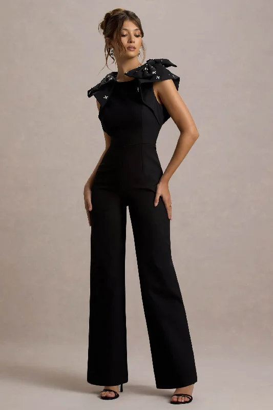 Elma | Black Straight-Leg Jumpsuit With Embellished Bows Satin unclassified dresses