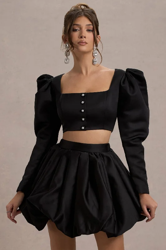 Eloisa | Black Satin Puff-Sleeve Cropped Jacket Date night unclassified dresses