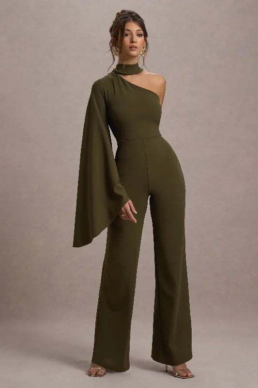 Fenix | Khaki Asymmetric Cape-Sleeve Straight-Leg Jumpsuit Backless unclassified dresses