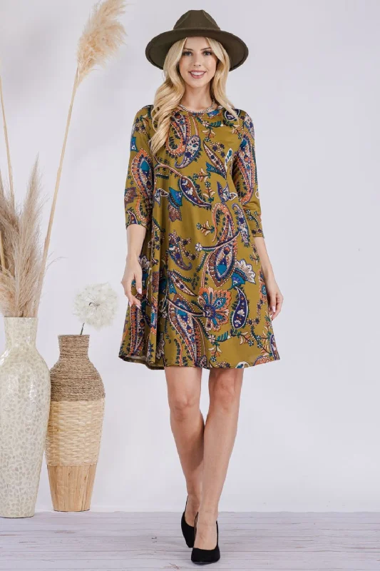 Full Size Paisley Print Round Neck Dress with Pockets Tiered unclassified dresses