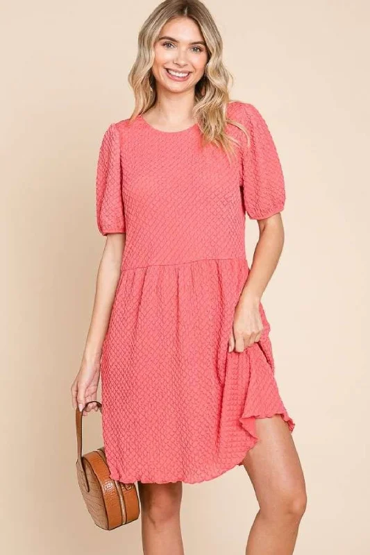 Full Size Textured Round Neck Puff Sleeve Dress Flowy unclassified dresses