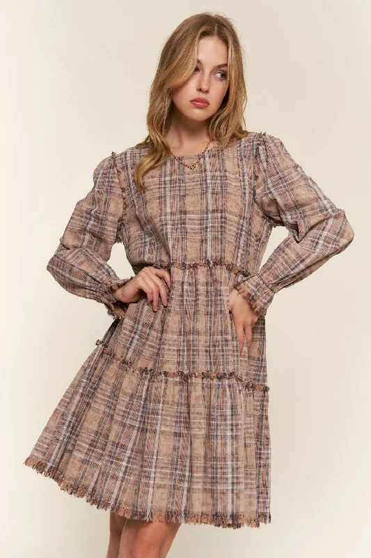 Full Size Washed Frayed Tiered Plaid Dress Earthy tone unclassified dresses