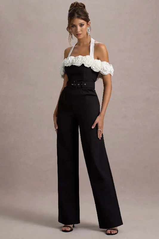 Genny | Black Tailored Wide-Leg Jumpsuit With Flowers Floral unclassified dresses