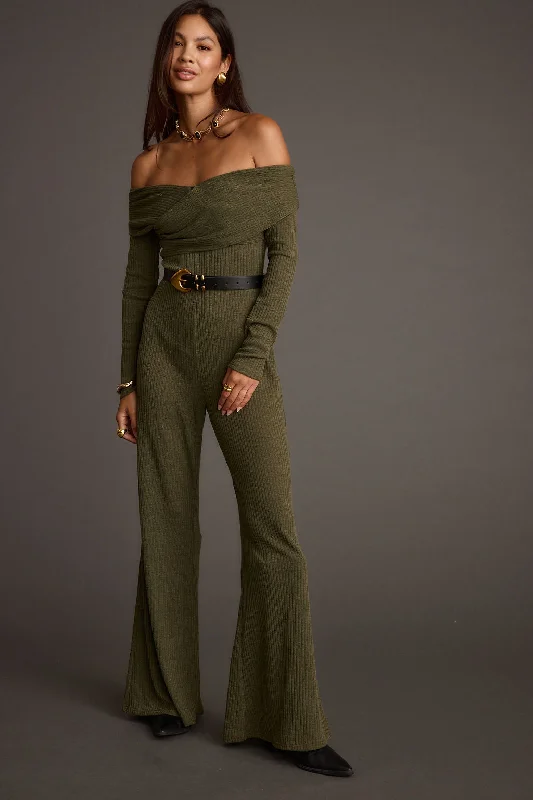 Greenwich Olive Knit Off The Shoulder Jumpsuit Casual chic unclassified dresses