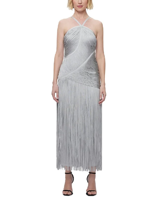 Herve Leger Asymmetric Draped Fringe Halter Gown Neutral tone unclassified dresses