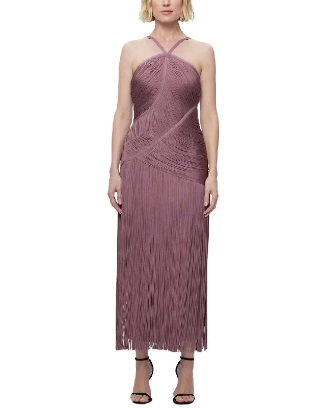 Hervé Léger Asymmetric Draped Fringe Halter Gown Earthy tone unclassified dresses