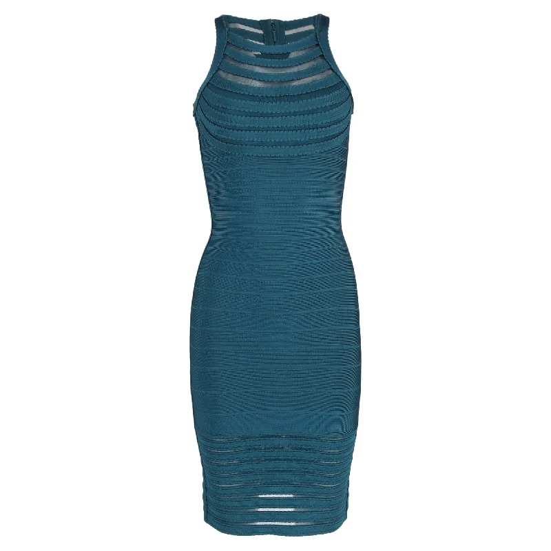 Herve Leger Emely Halter Neck Bandage Dress in Teal Rayon Popular unclassified dresses