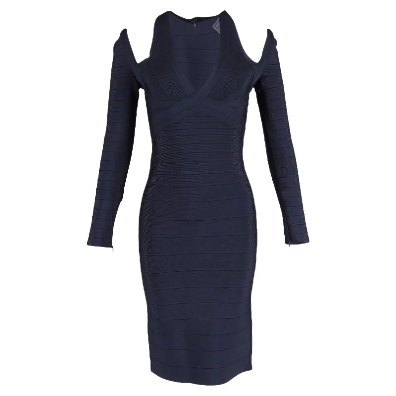 Herve Leger Nina Cold Shoulder Dress in Navy Blue Rayon Bright color unclassified dresses