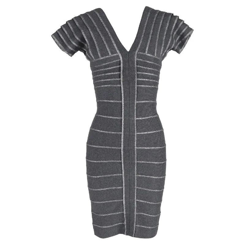 Herve Leger Threaded V-Neck Sheath Dress in Grey Rayon Vacation unclassified dresses