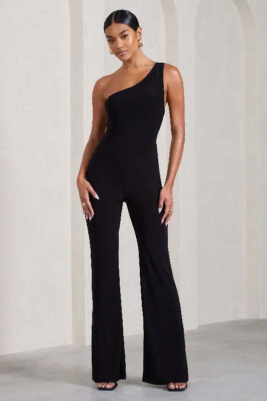 In The Dark | Black Sleeveless Asymmetric Flared-Leg Jumpsuit Open-back unclassified dresses