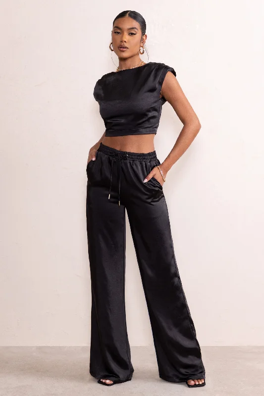 Kelilah | Black Satin Wide Leg Jogger With Pockets Off-shoulder unclassified dresses