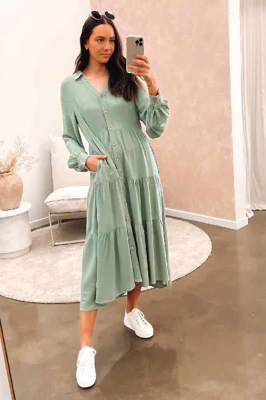 Little Paradise Long Sleeve Midi Dress Sage Denim Midi Skirt