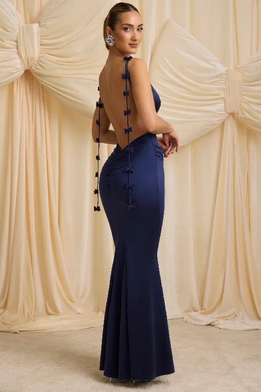 Bow-Detail Draped Open-Back Gown in True Navy Casual unclassified dresses