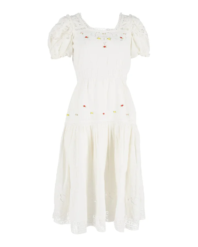 LoveShackFancy Puffed Sleeve Dress in White Cotton Bold pattern unclassified dresses