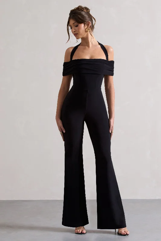 Mara | Black Bardot Halter-Neck Flared-Leg Jumpsuit Bright color unclassified dresses