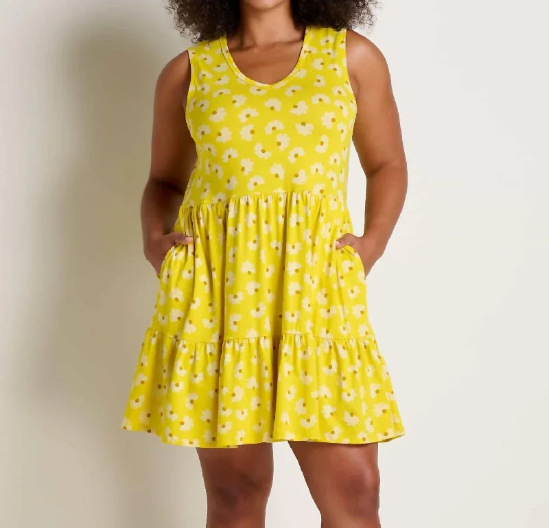 Marley Tiered Sleeveless Dress In Sulphur Half Daisy Print Bold pattern unclassified dresses