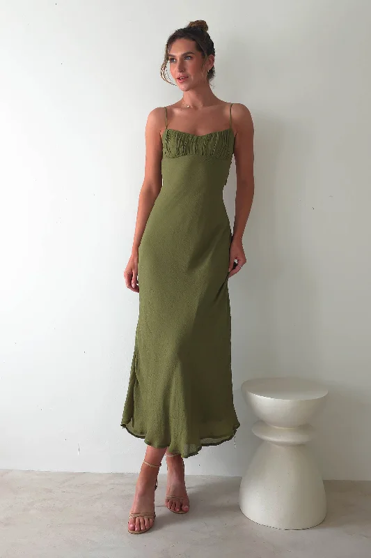 Maya Low Back Midaxi Dress | Olive Formal unclassified dresses