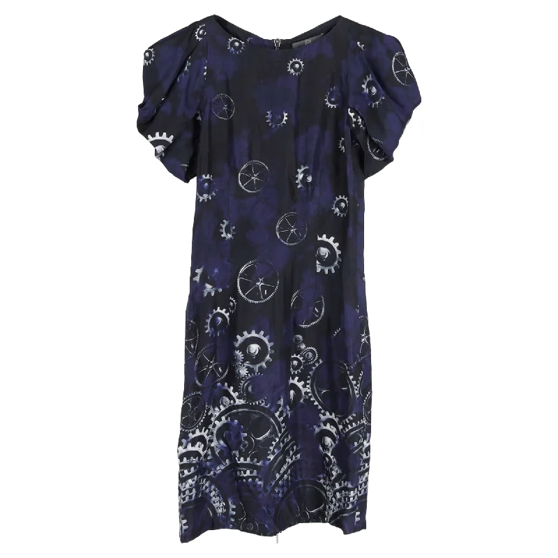 McQ by Alexander McQueen Printed Puff Sleeve Dress in Blue Silk Affordable unclassified dresses