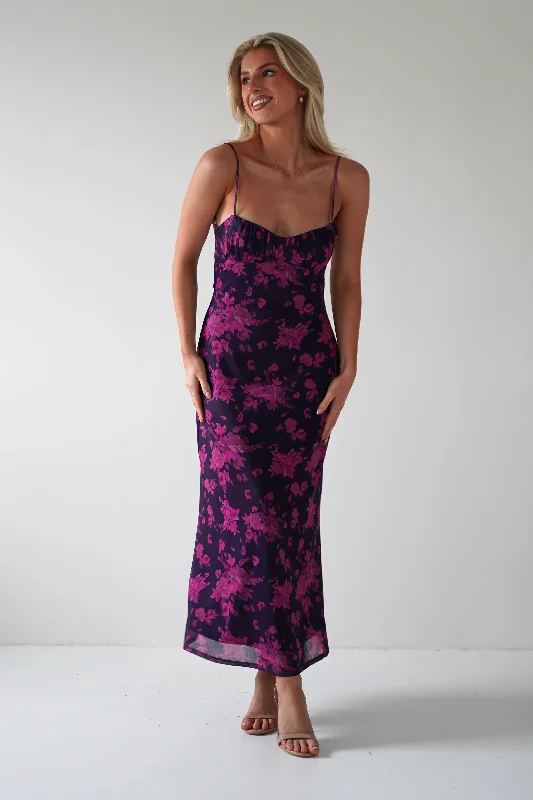 Merlo Low Back Midaxi Dress | Grape Print Tiered unclassified dresses