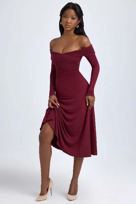 Modal Off-Shoulder Ruched Midaxi Dress in Wine Red Best-selling unclassified dresses