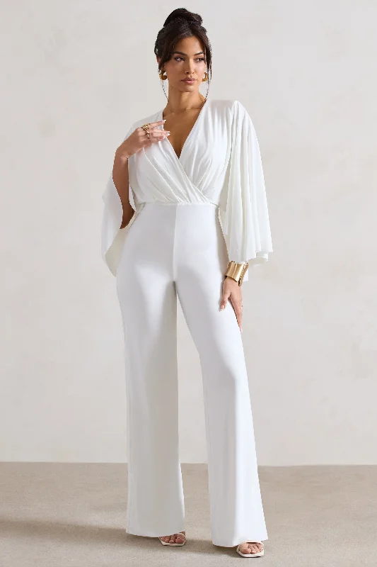 Nori | White Plunge-Neck Straight-Leg Cape Jumpsuit Halter unclassified dresses