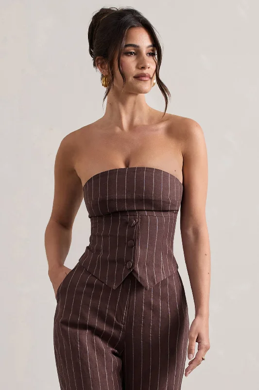 On Time | Chocolate Brown Pinstripe Tailored Bandeau Top Summer unclassified dresses