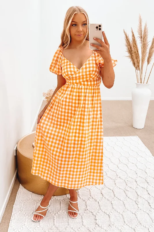 Piper Midi Dress Orange Gingham Elegant Midi Skirt