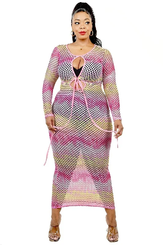 Plus See-through Gradient Fishnet Overlay Dress Long unclassified dresses