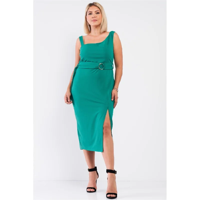 Plus Sleeveless Asymmetrical Shoulder Front Slit Detail Belted Dress Fashionable unclassified dresses