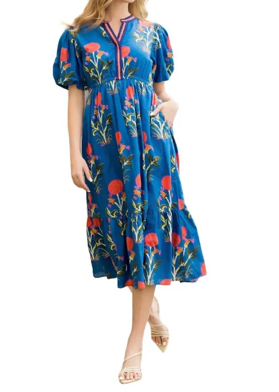 Puff Sleeve Flower Print Dress In Blue Wedding guest unclassified dresses